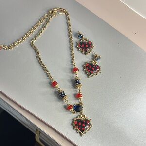 Gold and Red Heart Necklace and Earrings Set